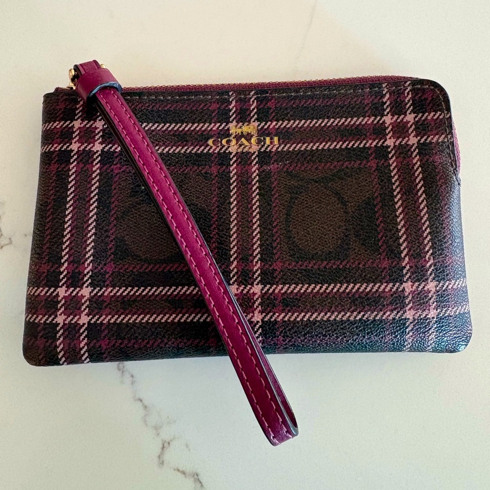 Coach Pink and Brown Plaid Wristlet